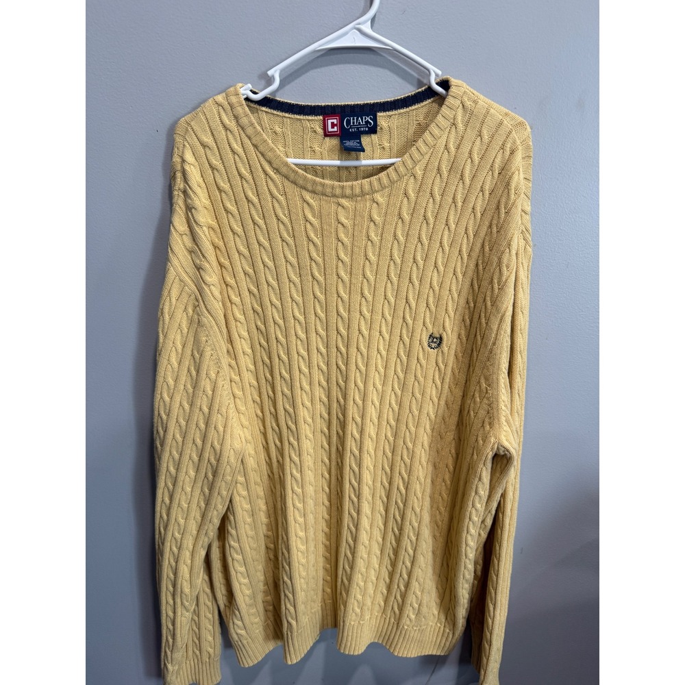 Chaps Mens XL Yellow Cable Knit Cotton Crewneck Sweater Long Sleeve Pullover